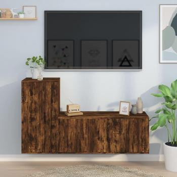 Set de muebles de TV 2 piezas madera contrachapada roble ahumado marrón