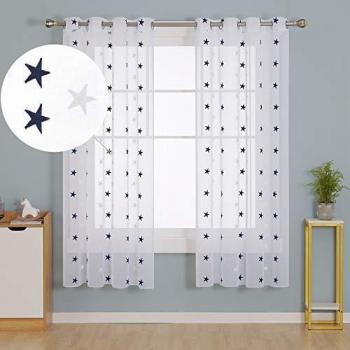 Doconovo Visillos para Ventanas con Ojales 140 x 175 cm 2 Piezas Azul Marino Estrellas y Blanco