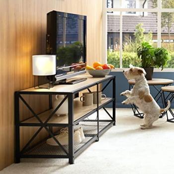 Mueble bajo para televisor estilo industrial Tectake - 141 cm, tablero de aglomerado efecto madera con recubrimiento protector de melamina, estantes de madera y metálicos de rejilla, color madera industrial oscura