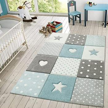 TT Home Alfombra Infantil Alfombra De Juego Puntos Estrellas Corazon Dif. Colores Y Tamaños, Color:Azul, Tamaño:120x170 cm