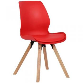 Silla de salón Luna con asiento acolchado rojo, plástico y base de madera