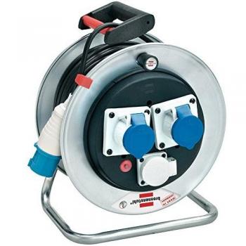Enrollador de cable 33 m con 2 tomas CEE y 1 Schuko, IP44, auto-retractable, acero zincado anti-rust