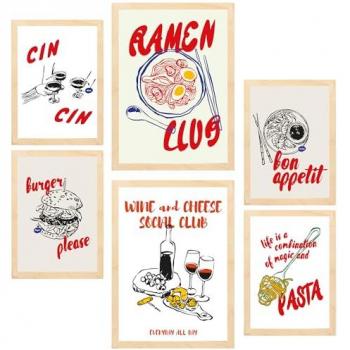 Set de 6 Pósters Ilustraciones de Alimentos Estilo Pop Art Ramen y Pasta para Decorar Paredes del Hogar A3 y A4 Sin Marco