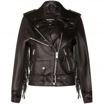 Infinity Leather Women's Black Fringed Tassel Biker Jacket - Seville - Size 12 UK
