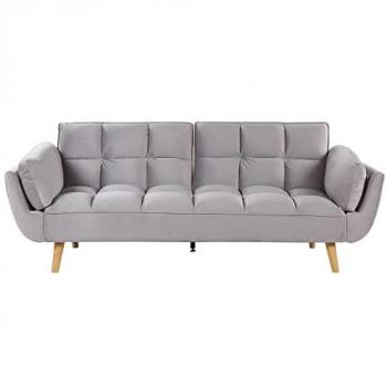 Sofá Cama 3 Plazas de Terciopelo Gris Claro con Patas de Madera, Relleno de Espuma y Espalda Dividida Asby