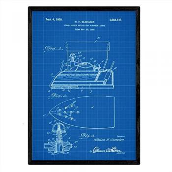 Póster A3 con Marco Negro de Patente Antigua de Plancha Eléctrica a Vapor sobre Fondo Azul