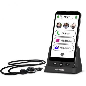 Swissvoice S510-C Smartphone 4G para Personas Mayores, 2GB RAM, 16GB Almacenamiento, Negro Libre, fácil de usar con teclas grandes, base de carga y correa para el cuello