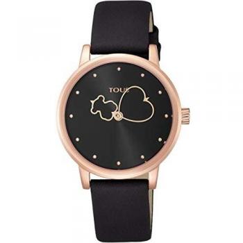 Reloj Tous Bear Time de acero IP rosado con correa de piel negra Ref:800350920