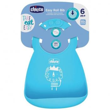 Babero rígido Easy Roll Chicco de silicona suave, práctico, impermeable, fácil de limpiar, cuello ajustable, con amplio bolsillo, 6 meses+, azul
