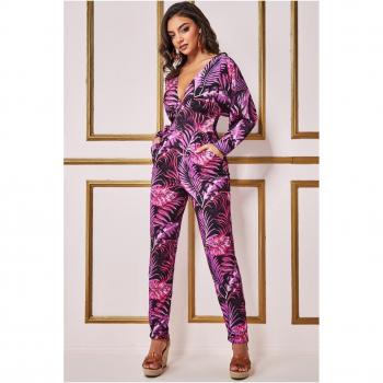 Goddiva Tropical Print Jumpsuit - Purple - Size 8 UK