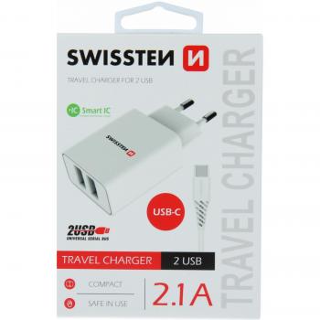 Cargador Doble USB 2.1A Smart IC + Cable USB-C 1.2m Blanco