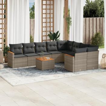 10-Piece Grey Poly Rattan Garden Sofa Set with Cushions