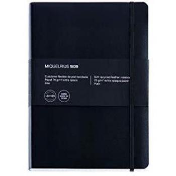 Miquelrius - Cuaderno Flexible en Piel, Tamaño 4, con Índice Alfabético, 300 Hojas, Cuadrícula 5 mm, con Goma, color Negro, 152 x 210 mm