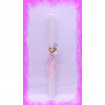 FIESTADEKOR Vela (CIRIO) para Bautizo DE Cera Blanca. Medida 3 x 40CM Decorada con Aplique CIGÜEÑA Y Lazo Decorado Rosa (SIN Personalizar)