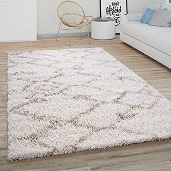 Alfombra Salón Pelo Largo Shaggy Motivo Moderno Boho Escandinavo Rombos Crema Beige, Ø 120 cm Redonda