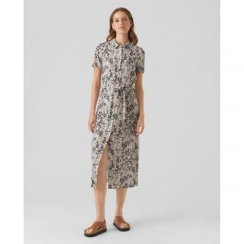 Vero Moda - Vestido midi estampado de manga corta con diseño floral, tejido ligero, corte ajustado en la cintura, mangas cortas y escote redondo