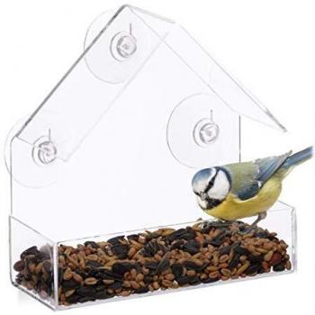 Comedero para pájaros de ventana con 3 ventosas, cristal acrílico y PVC, transparente, 15 x 15 x 7 cm