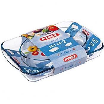 Pyrex Essentials Set de 2 Fuentes para Horno, Vidrio de Borosilicato, Rectangular y Ovalada, 2L/3.7L