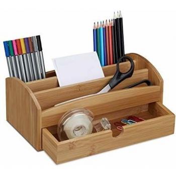 Organizador de Escritorio de Bambú RELAXDAYS, Multiusos con 4 Compartimentos y Cajón, Color Madera Natural, Tamaño: 11 x 27.5 x 15 cm
