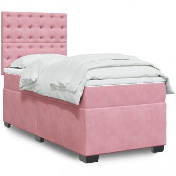 Cama box spring con colchón de muelles en terciopelo rosa 100x200 cm