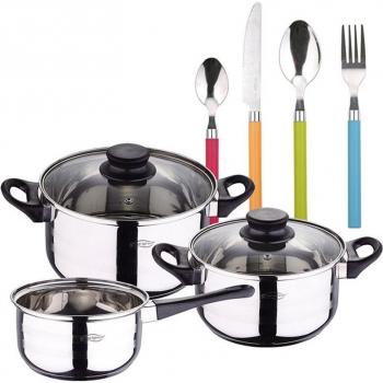 Pack batería de cocina 5 piezas + set de cubertería 24 piezas en acero inoxidable con mangos multicolor – SAN IGNACIO