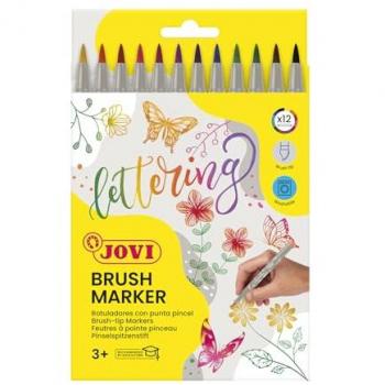 Rotulador Jovi Brush Marker 12 colores surtidos, estuche con 12 rotuladores de punta pincel para lettering, multicolor