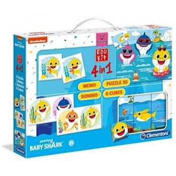 Clementoni-18099 - Edukit 4 en 1 - Baby Shark - Juego Educativo con memo, Puzzle, Cubos con Dibujos y dominó a Partir de 3 años