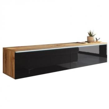 Mesa de TV Sarasota 120, Wotan Roble y Negro Brillante, 140x30x33cm, Mueble Bajo Sin Manijas