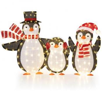 Lighted Penguin Family Christmas Decorations - 3-Piece Set with 194 LED Lights, Metal Construction, Plug-in Design