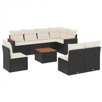 vidaXL 9-Piece Black Poly Rattan Garden Sofa Set with Cushions