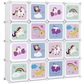 SONGMICS Armario Modular Infantil de 16 Cubos, Organizador Modular para Niños, Estantes de Cubo de Plástico, con Puertas, para Ropa, Zapatos, Juguetes, 123 x 31 x 123 cm, Blanco LPC906W01