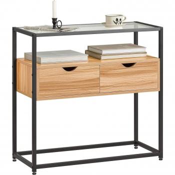 SoBuy Mesa de cristal templado con 2 cajones madera color natural, dimensiones 81 x 35 x 78 cm, modelo FSB54-N