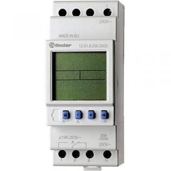 Finder 12.91.8.230.0000 Digital Time Switch, DIN Rail Mount, Operating Voltage: 230 V AC, 1 Change-over Contact, Rated Current: 16 A, Rated Voltage: 250 V AC, Week