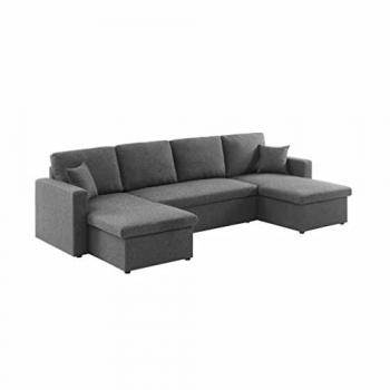 Sofá cama panorámico convertible de 4 plazas en tela gris oscuro con caja de almacenamiento y diseño modular