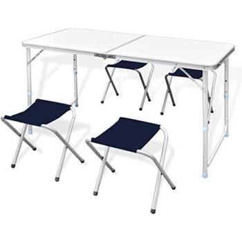 vidaXL Set mesita con Altura Ajustable y 4 taburetes Plegables para Camping, 120 x 60 cm