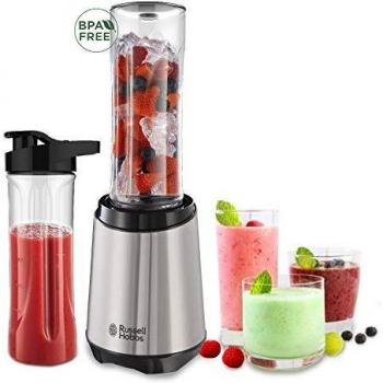 Russell Hobbs Batidora de Vaso Individual Mix & Go - Batidora Smoothie, Mini Batidora para Zumos y Batidos, 2 Vasos con Tapas de 600 ml, sin BPA, Pies Antideslizantes, Acero Inoxidable - 23470-56