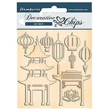 Stamperia International Stamperia – Chips Decorativos – Sir Vagabond en Japón – Pagoda y lámparas, Chipboard, 14 x 14 cm