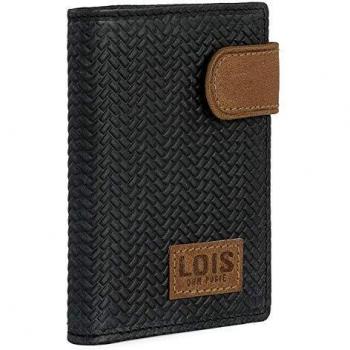 Lois - Cartera Tarjetero Hombre pequeña de Piel Genuina con 11 Compartimentos y Cierre a presión. Capa de Protección Seguridad Antiescaneo RFID. 202703, Color Negro