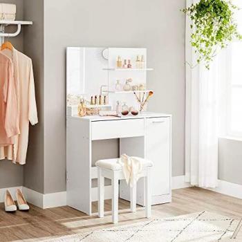 VASAGLE Tocador, Mesa de Maquillaje, con Espejo Cuadrado, Compartimiento, 1 cajón, 2 estantes, Organizador de Maquillaje, Blanco RDT119W01