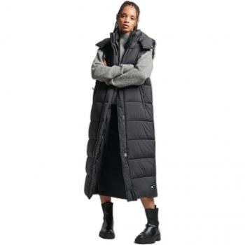 Superdry Women's Long Hooded Sleeveless Puffer Jacket Ripstop Black