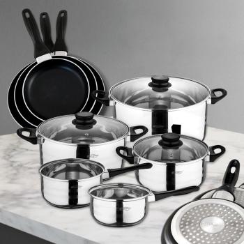 San Ignacio Juego 3 SARTENES+ BATERÍA Cocina 8 Piezas, Aluminio, Oscuro, 24 cm