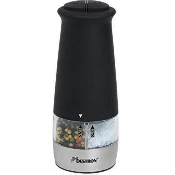 Bestron Dispensador Eléctrico de Sal y Pimienta 2 en 1, con Molinillo de Cerámica, Acero Inoxidable, Negro