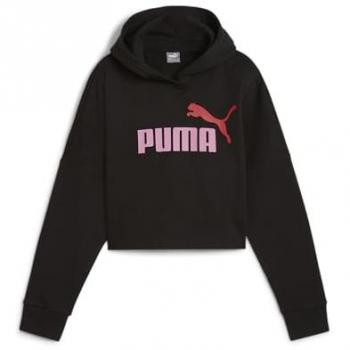 Sudadera PUMA ESS Logo Cropped Hoodie G para niña, color negro, diseño cropped, con logo de PUMA en el frente