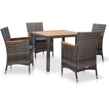 5-Piece Grey Poly Rattan Garden Dining Set with Cushions