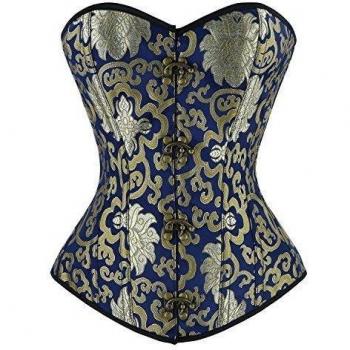 Charmian Women's Steampunk Vintage Spiral Steel Boned Embroided Pattern Boby Shaper Overbust corsé Top Gold/Blue XX-Large