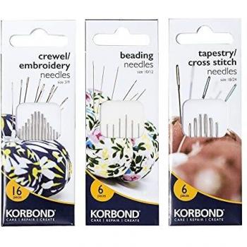 Korbond Pack de 3 juegos de agujas de coser: 16 agujas para bordar, 6 agujas de punto de cruz o para lana y 6 agujas para cuentas, para coser a mano, arreglos, remiendos y manualidades
