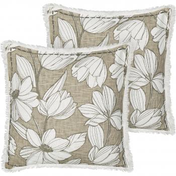 Conjunto de 2 cojines boho de algodón blanco y verde con motivo floral, flecos, funda extraíble y relleno 45 x 45 cm