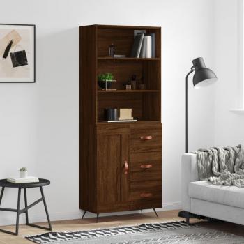 Aparador alto de madera contrachapada marrón roble 69,5x34x180 cm con 1 puerta de madera y 3 cajones, mueble de almacenaje para salón, buffet y armario auxiliar