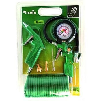 Cevik CA-CK220 - Kit aerográfico para compresor. 6 piezas: pistola de soplar, hinchador, espiral 5 mt. y 3 boquillas