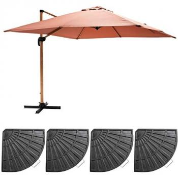Parasol excéntrico inclinable cuadrado (3 x 3 m) con 4 losas de lastre efecto madera arcilla